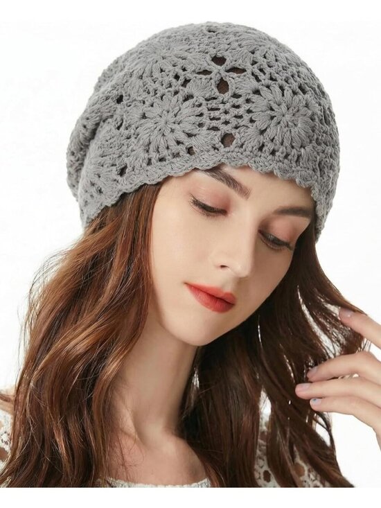 Women\'s Cotton Crochet Slouchy Beanie Hat Knit Summer Skull Cap Solid Grey main image 6